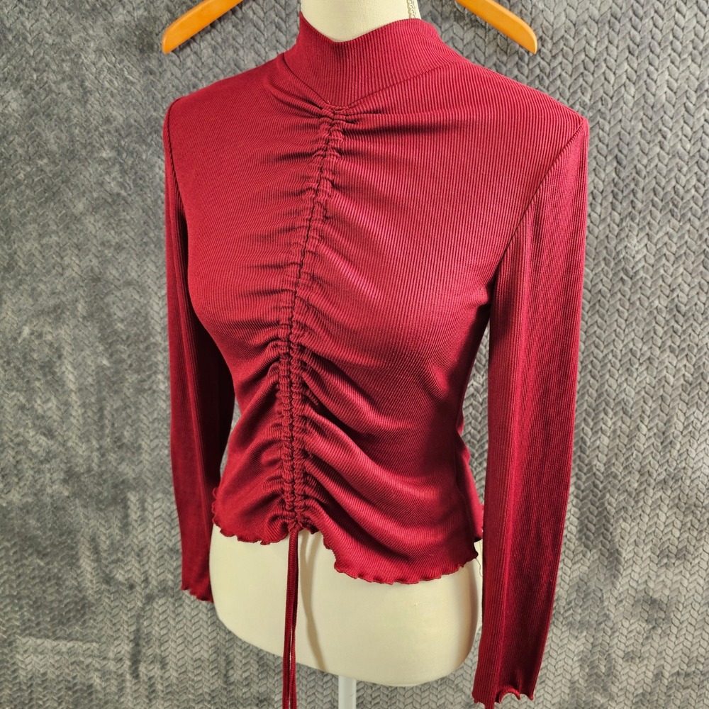 Ruched Mock Neck Long Sleeve Ribbed Crop Top Red Sugar‎ Moon Size M